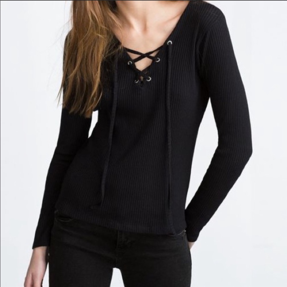 Lord & Taylor Design Lab Ribbed Lace Up Top